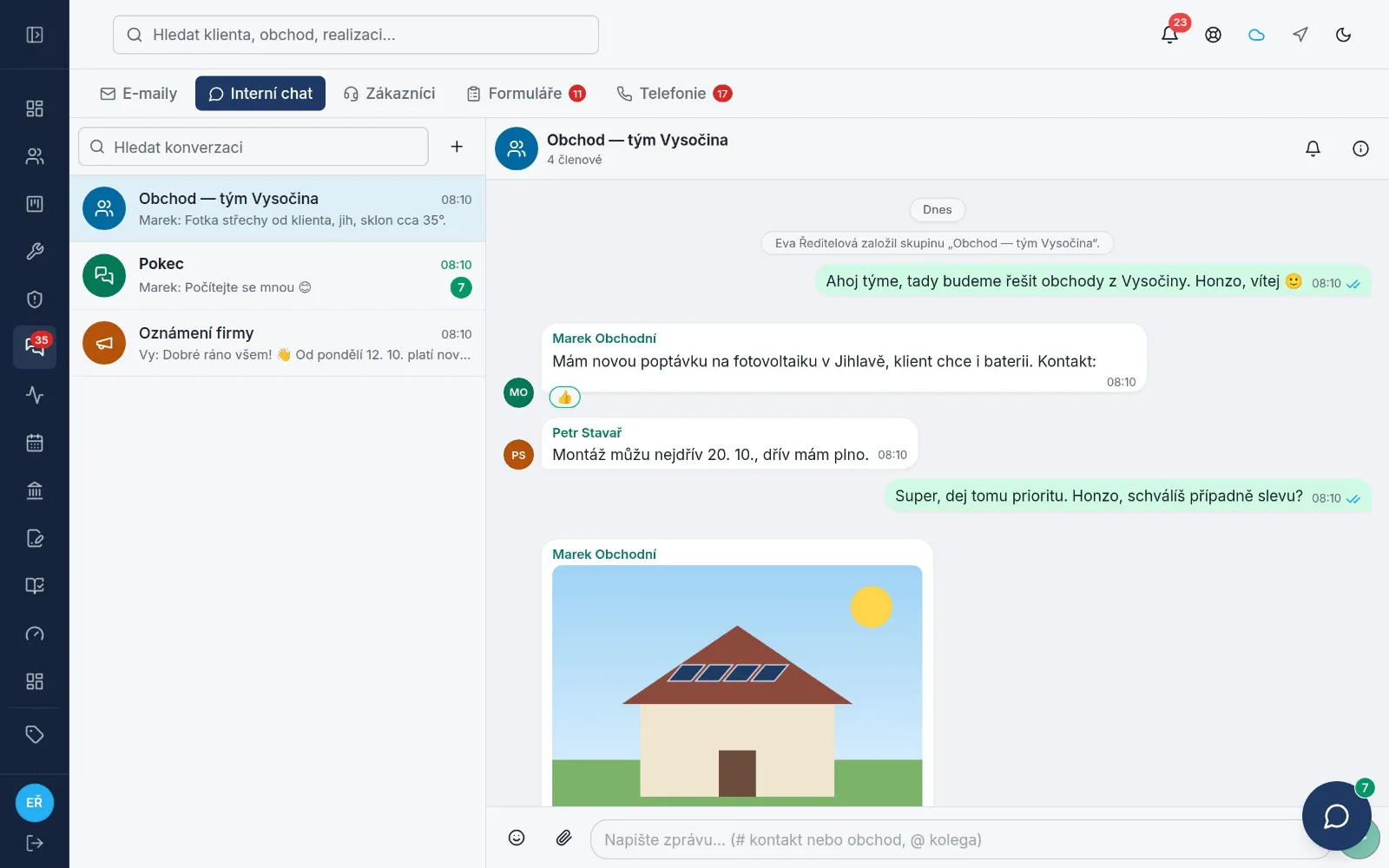 Snímek obrazovky Vindaria: Komunikace a interní chat
